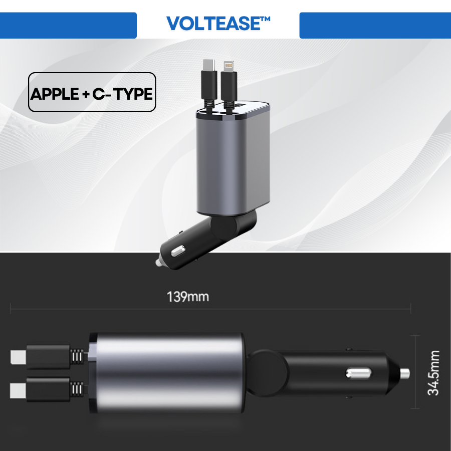 VoltEase™ 4-in-1 Retractable Car Charger | Fast Charge for iPhone & Android