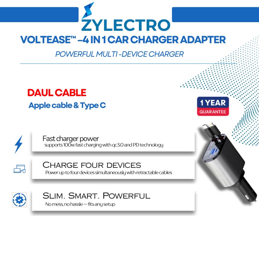 VoltEase™ 4-in-1 Retractable Car Charger | Fast Charge for iPhone & Android