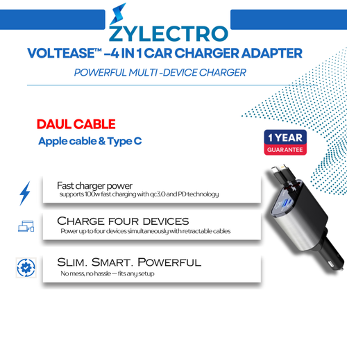 VoltEase™ 4-in-1 Retractable Car Charger | Fast Charge for iPhone & Android