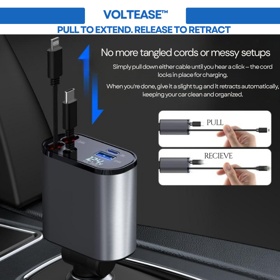 VoltEase™ 4-in-1 Retractable Car Charger | Fast Charge for iPhone & Android