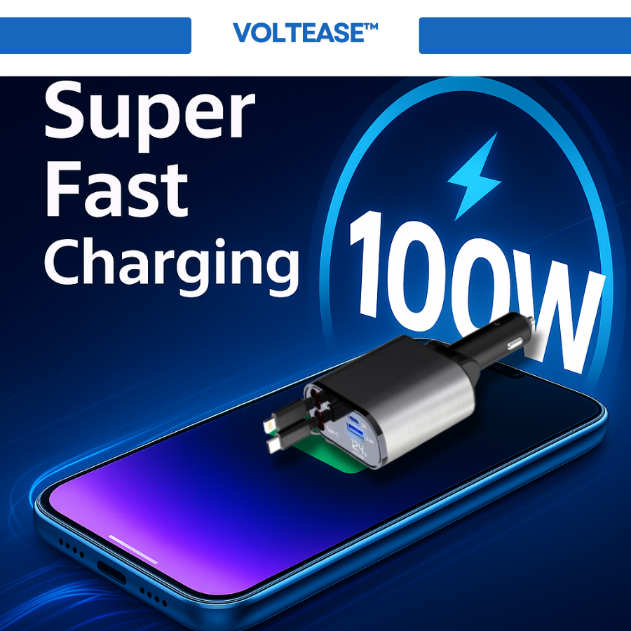 VoltEase™ 4-in-1 Retractable Car Charger | Fast Charge for iPhone & Android