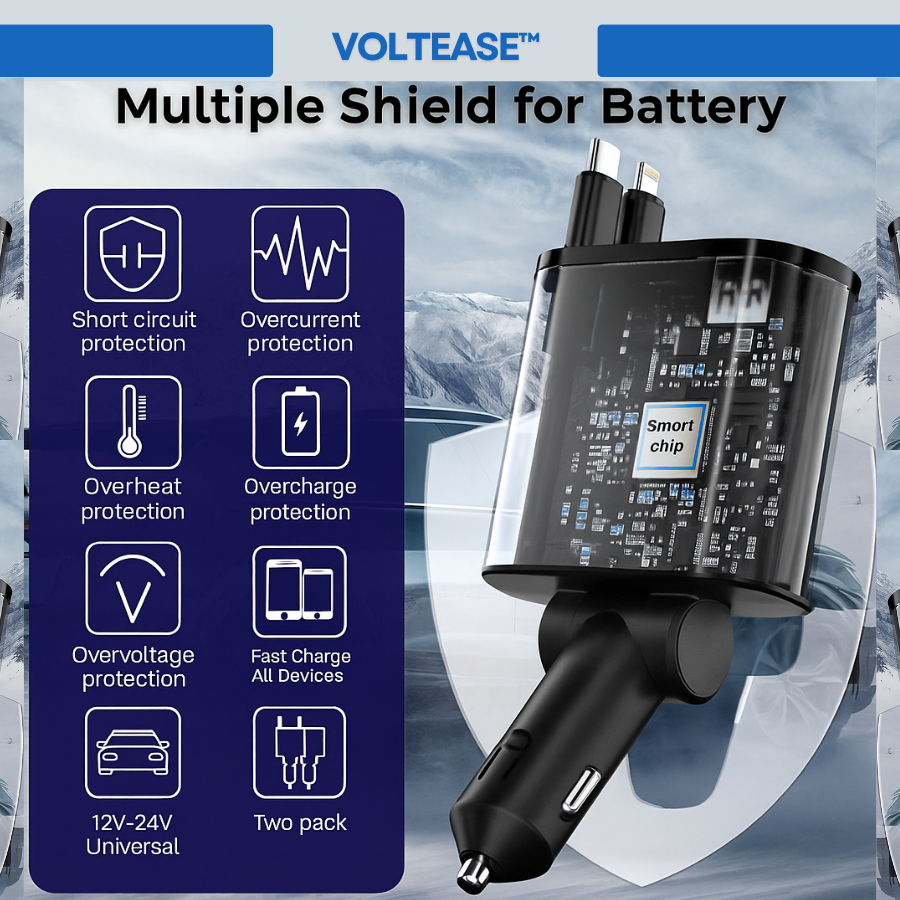 VoltEase™ 4-in-1 Retractable Car Charger | Fast Charge for iPhone & Android
