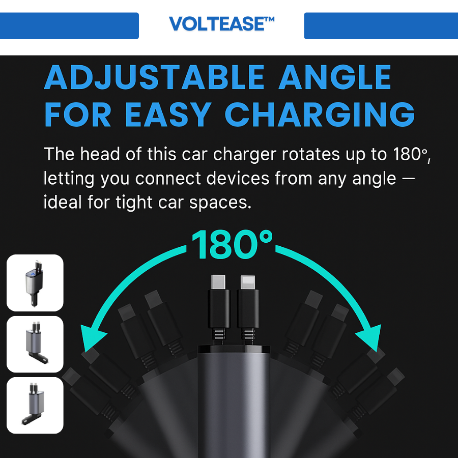 VoltEase™ 4-in-1 Retractable Car Charger | Fast Charge for iPhone & Android